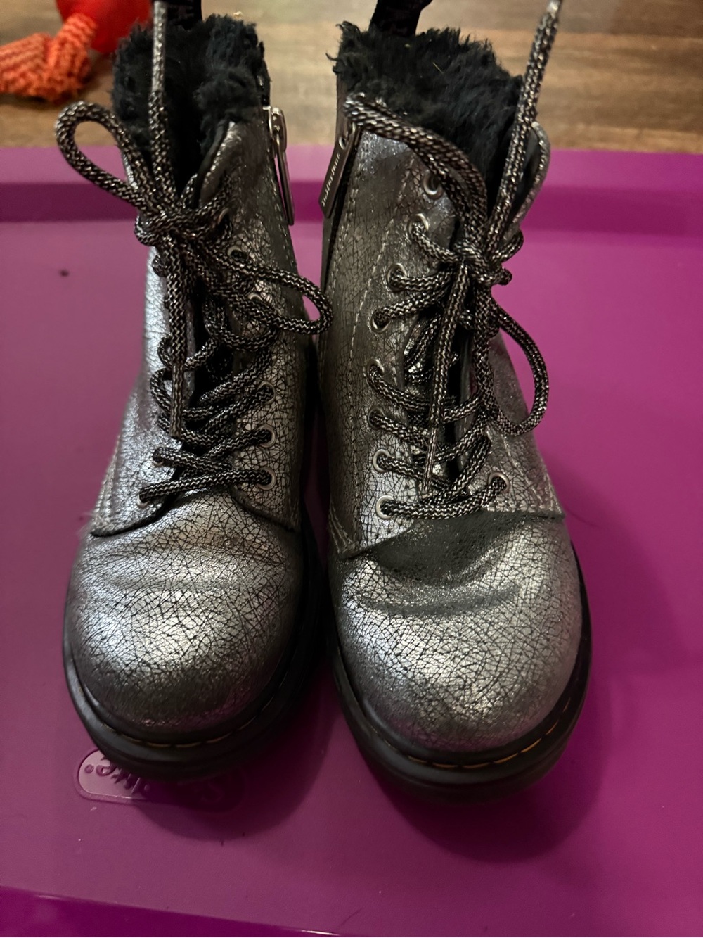 Dr. Martens Kids Metallic Gunmetal Lace-Up Ankle Boots with Faux Fur Trim